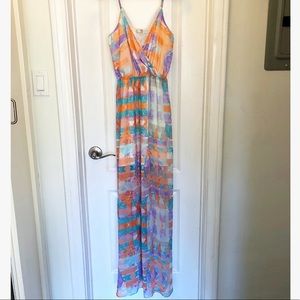 Lavender Brown Chiffon Geometric Maxi Dress